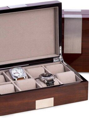 Bey-Berk Lacquered Walnut 8 Slot Watch Box Solid Wood Display Case